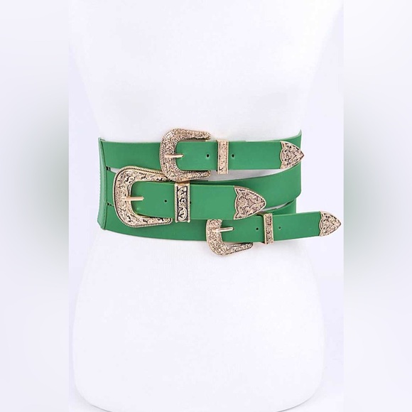 Green Vegan Leather Triple Buckle Western Corset Statement Belt - Picture 1 of 8